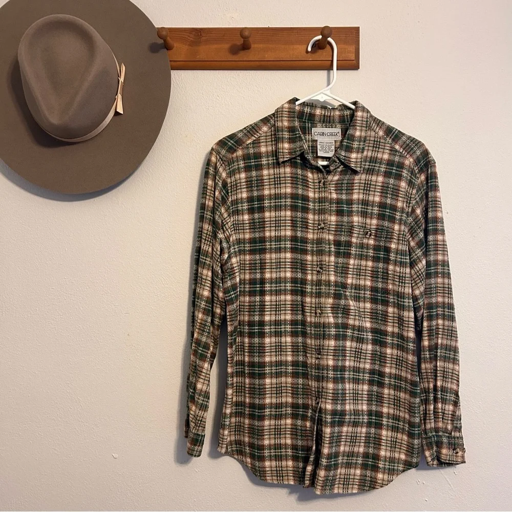 Vintage 100% Cotton Green Plaid Flannel Shirt Size Large